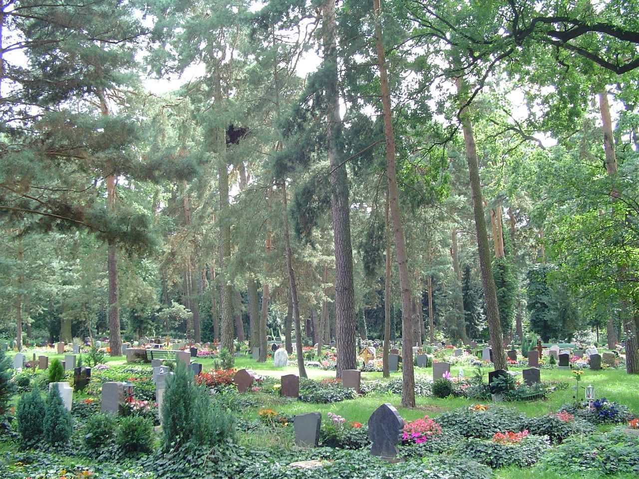 Flowered grave plots beneath tall mature trees at In den Kisseln Cemetery